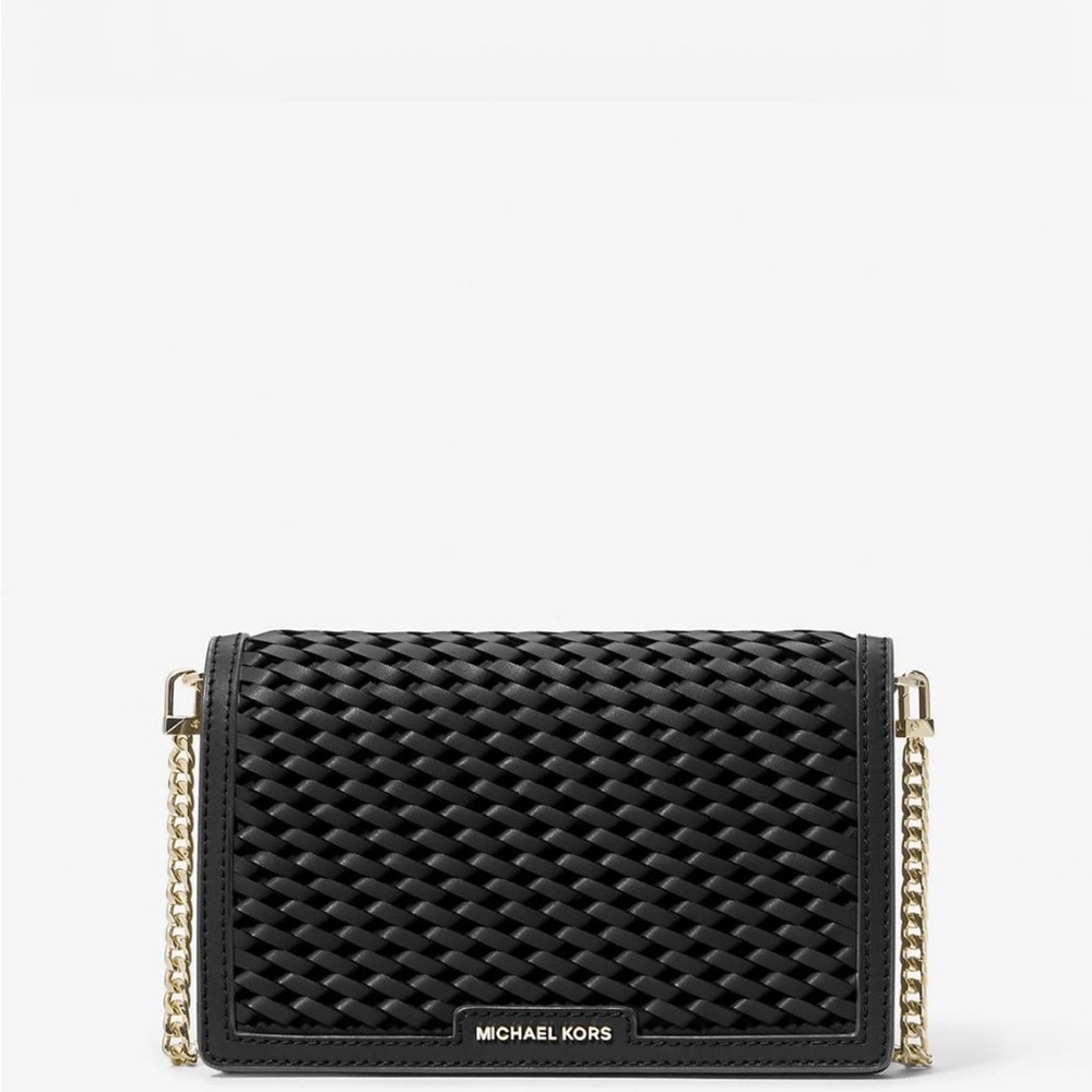 Michael Kors Black Woven Crossbody with Gold Chain